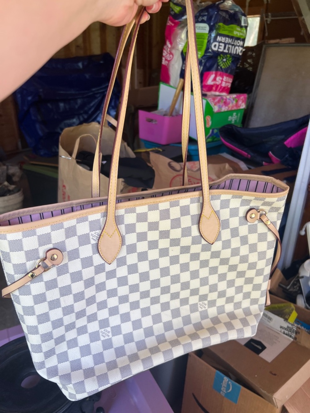 Blue and white checkered bag with pink interior